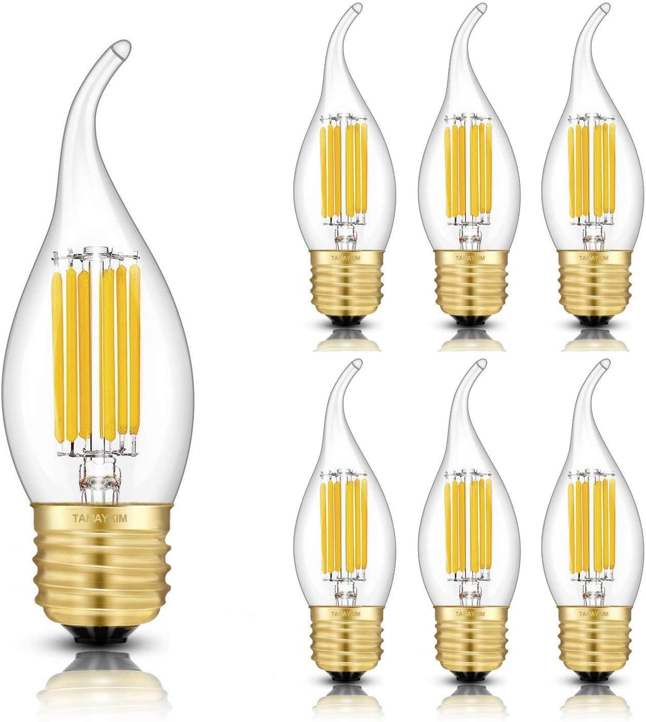 TAMAYKIM 6W Dimmable LED Filament Candle Light Bulb, 2700K Warm White 600LM, E27 Chandelier Base Lamp, C35 Flame Shape Bent Tip, 60W Incandescent Replacement, 6 Pack [Energy Class A++]