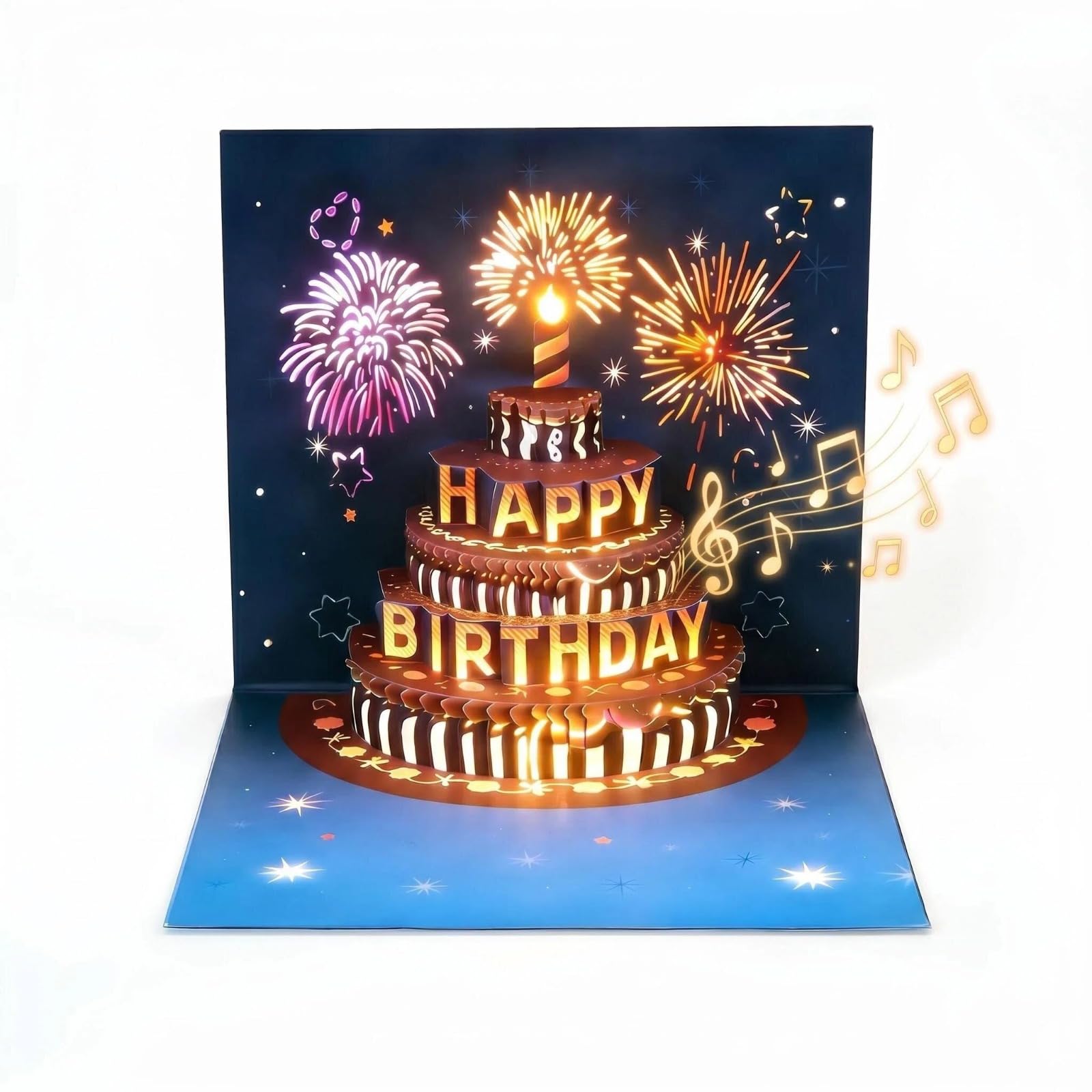 3D Pop Up Birthday Card with Music & LED Lights, Automatic LED Candle Lights Up & Goes Off – Interactive Fireworks Greeting Card for Men, Women, Mum, Dad, Wife, Husband (15x20cm)