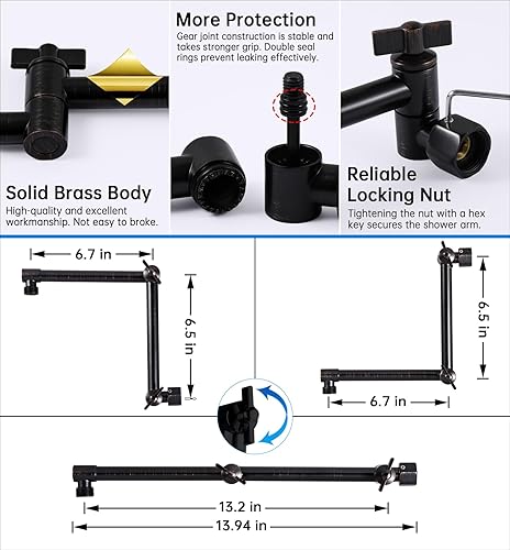 Vista 22 de G-Promise Brazo de extensión de cabezal de ducha de 16 pulgadas, extensor ajustable de altura y ángulo de latón macizo, lluvia ascendente o inferior
