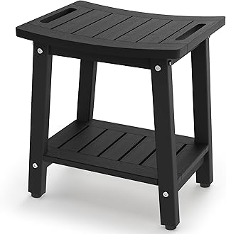 BEKVEM Shower Bench for Inside Shower - Black HDPE Shower Stool Waterproof - Spa Bathroom Seat Chair with Handle, Storage Shelf, Adjustable Feet - Indoor/Outdoor, Weather Resistant