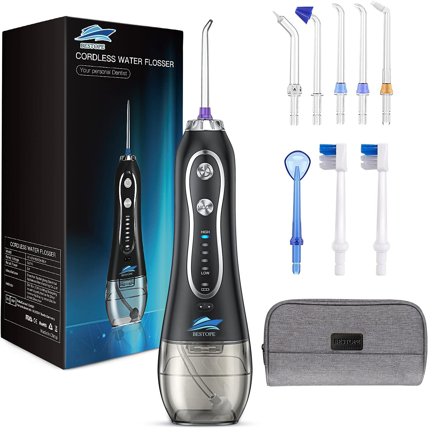BESTOPE Dental Water Flosser 300ml | 5 Modes | 8 Replaceable Jet Tips |Cordless Rechargeable IPX7 Waterproof Teeth Cleaner
