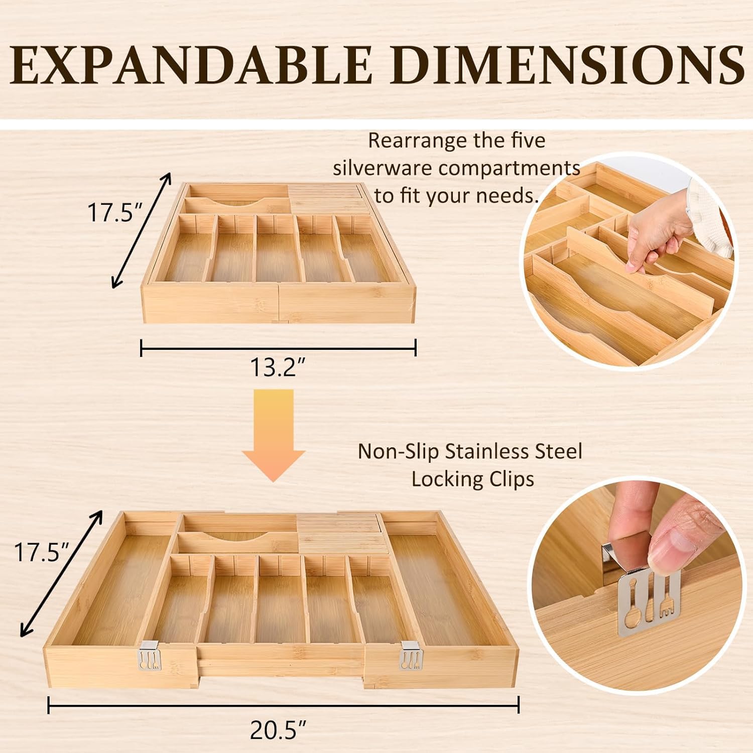 Expandable Bamboo Silverware Organizer with Knife Block, Adjustable Drawer Organizer 13.2"–20.5", Non-Slip Locking Clips, 9-Compartment Kitchen Utensil Tray (Pack of 2)