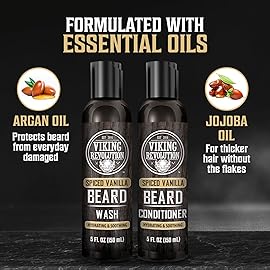 Viking Revolution Ultimate Conditioner for Men\'s Beard Grooming - Softens, Smoothes and Soothes - Contains Beard Wash and Conditioner (5oz Set), Beard Oil, Balm and Wooden Comb - Spiced Vanilla Scent