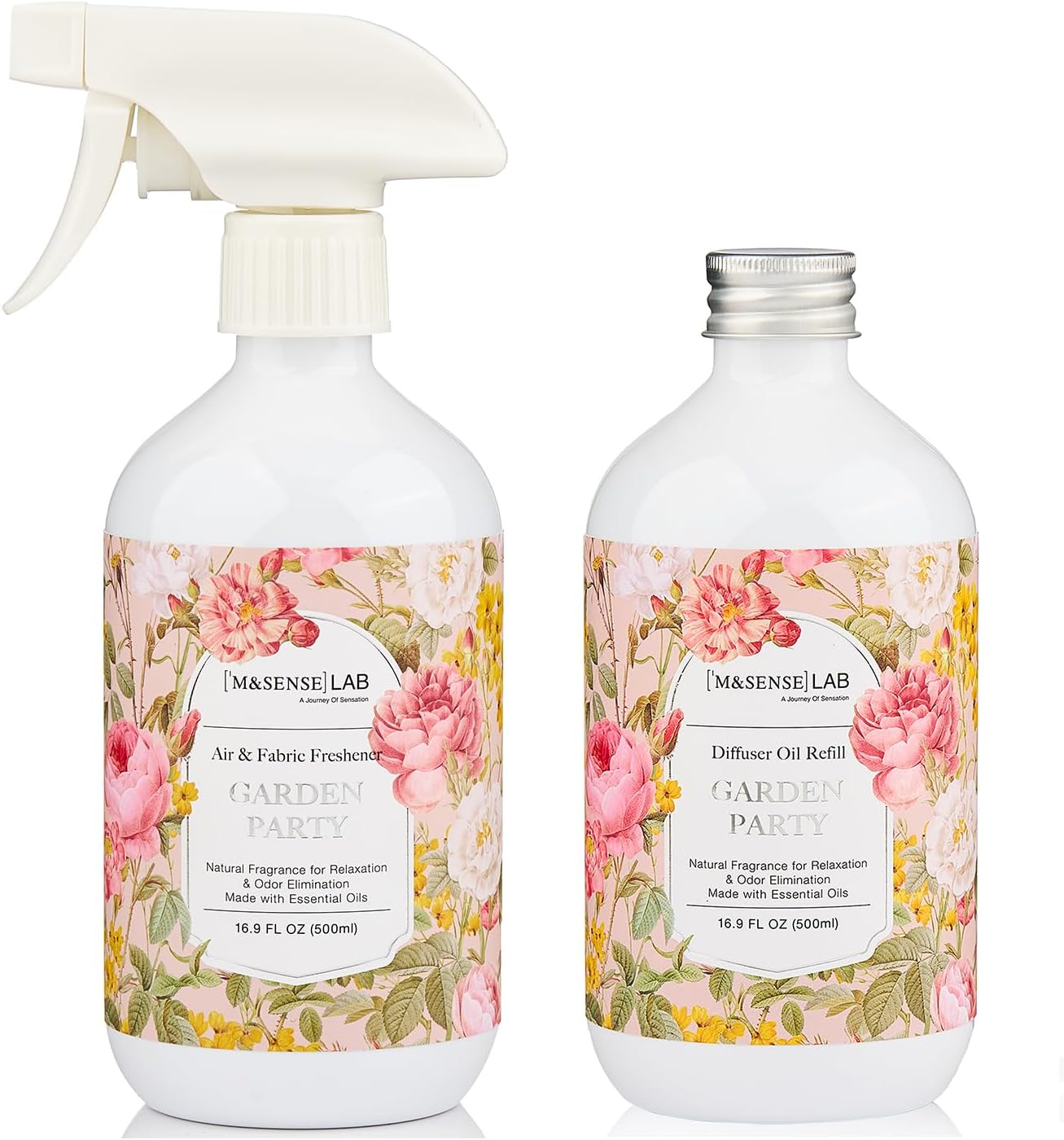 M&SENSE Garden Party Scent Bundle - Reed Diffuser Oil Refill 16.9oz 500ml with 10 Sticks & Air Fabric Pet Odor Eliminator Spray Natural Essential Oil Home Spa Office Balcony Yard Freshener Set