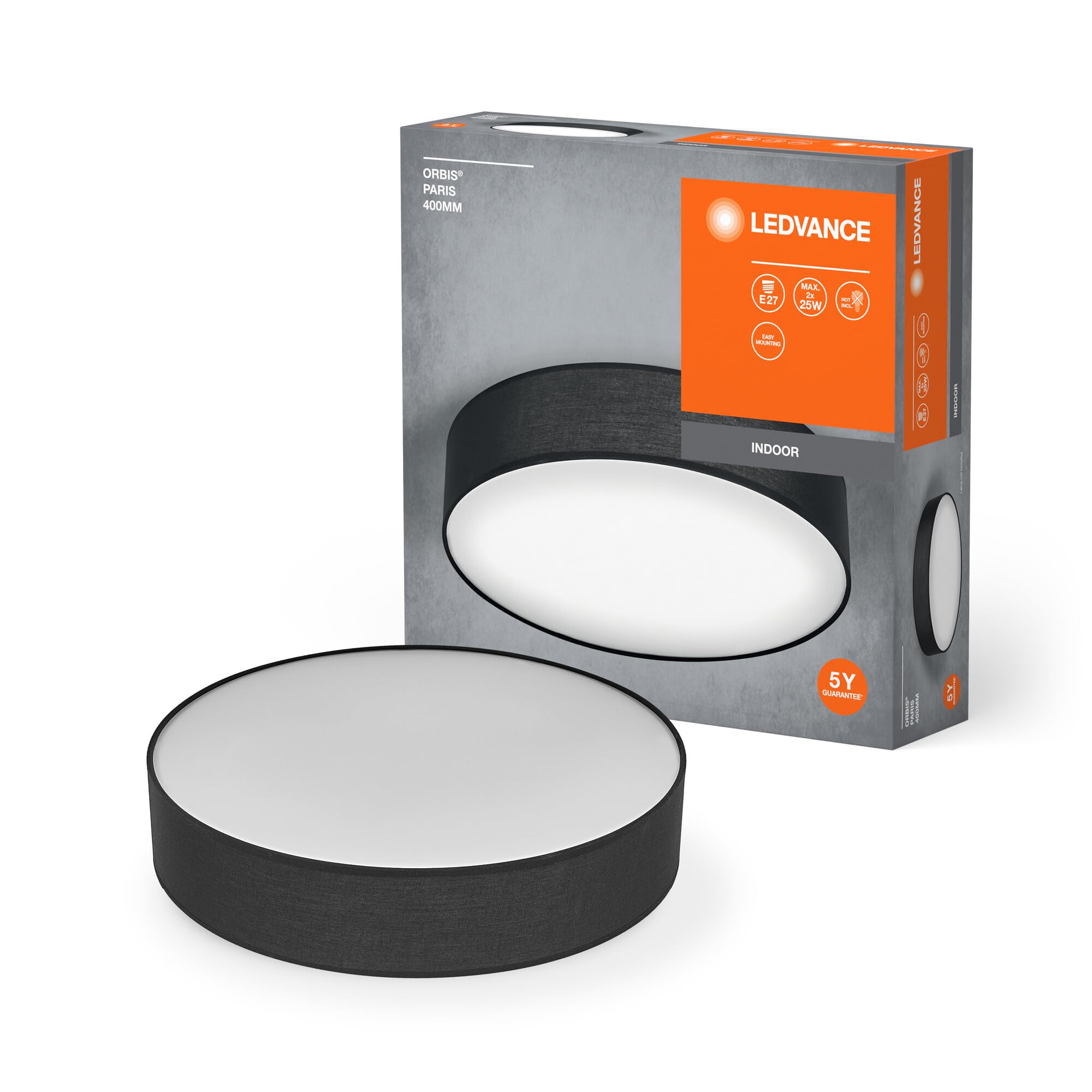 LEDVANCE Orbis Paris Ceiling Light 400Mm, Black, 2Xe27 Base, Can Be Fitted with Smart Lamp, High Quality, Modern Design, with Fabric Shade, Suitable for Indoor Use, Round, Ip20