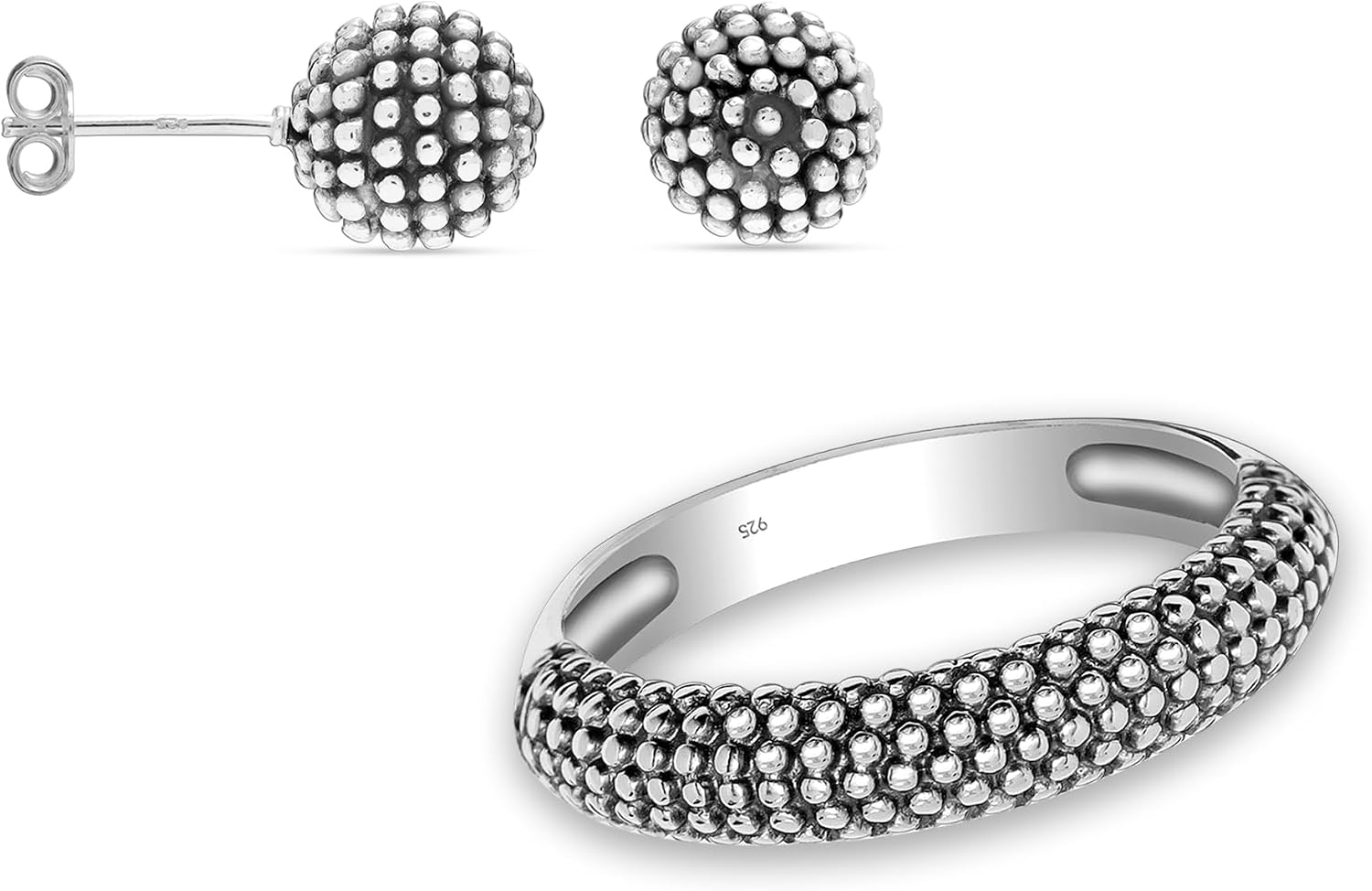 LeCalla 925 Sterling Silver Jewelry Bundle | Set of 2 Pair Antique Oxidized Caviar Beaded Pattern Finger Ring & Earrings Combo for Women Teen