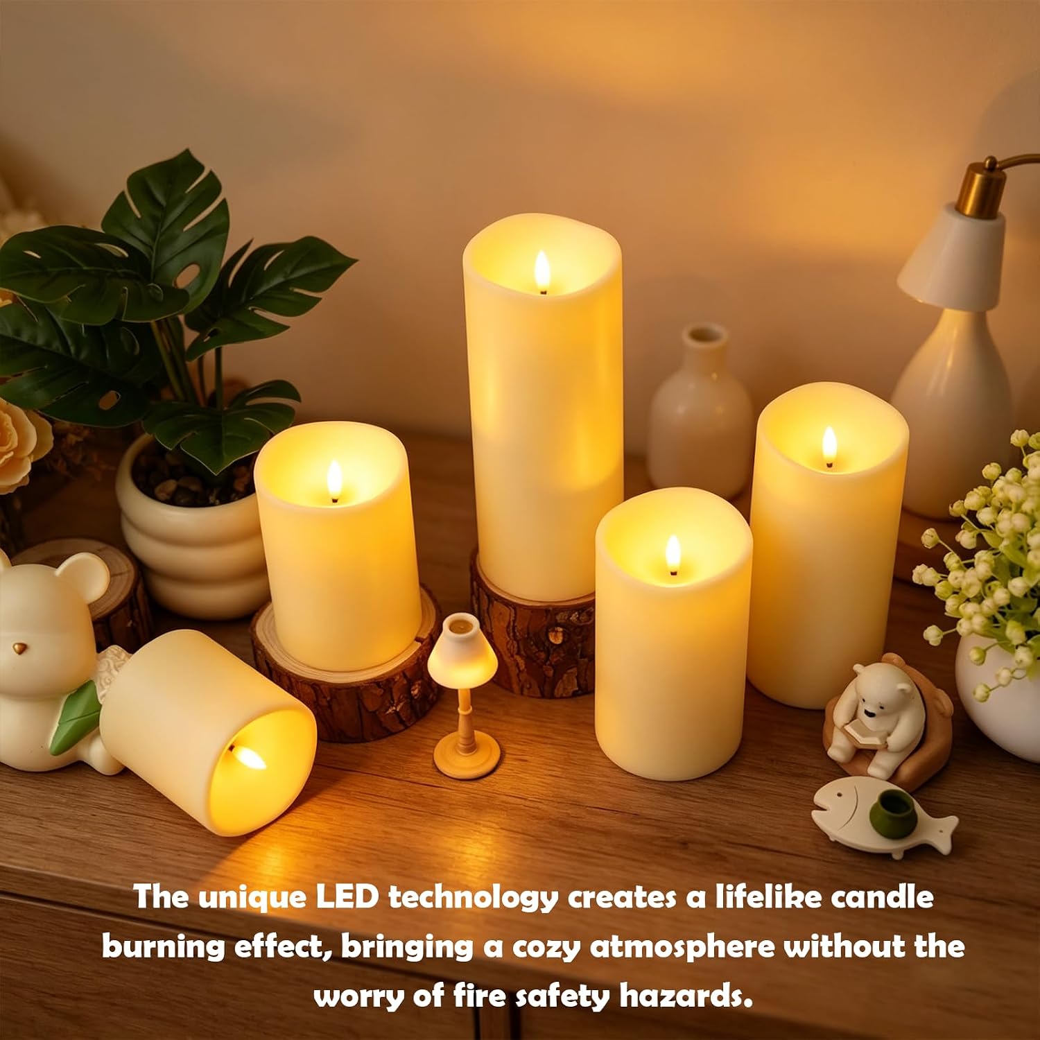 kakoya Flameless Candles with Remote Control and Timer,Flickering Battery Operated LED Pillar Candles Plastic Set of 5(D 3" x H 3" 4" 5" 6" 7") Ivory