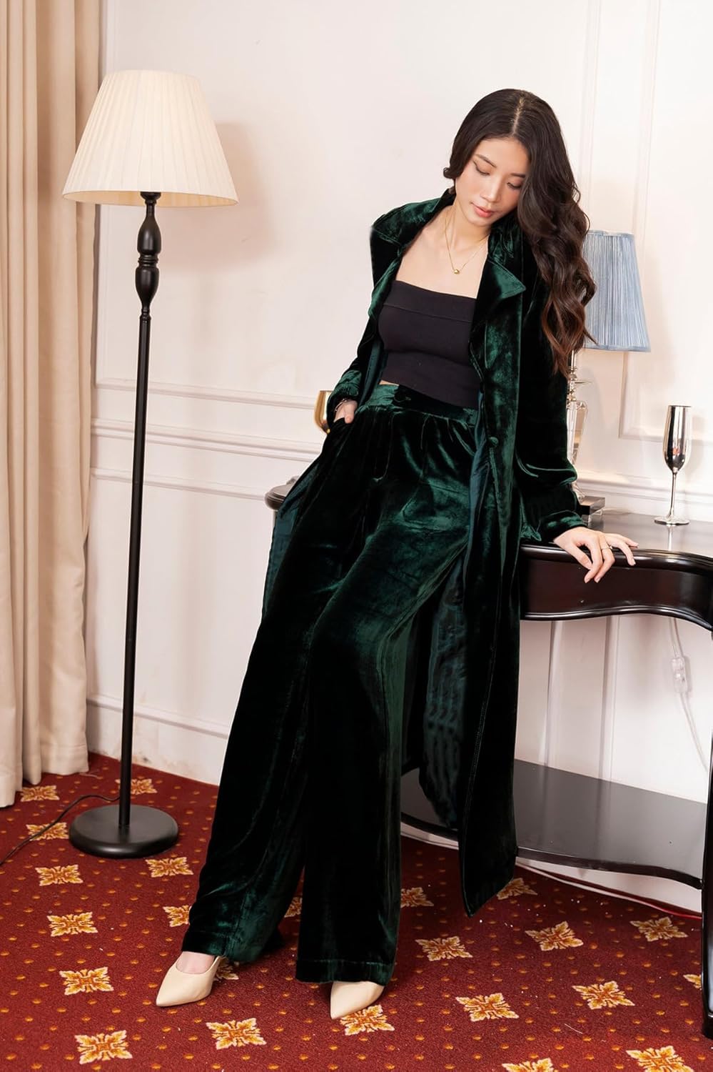 Women's Velvet Suit Long Jacket Single Breasted Button Tuxedos Pants Prom Casual Two Pieces Set