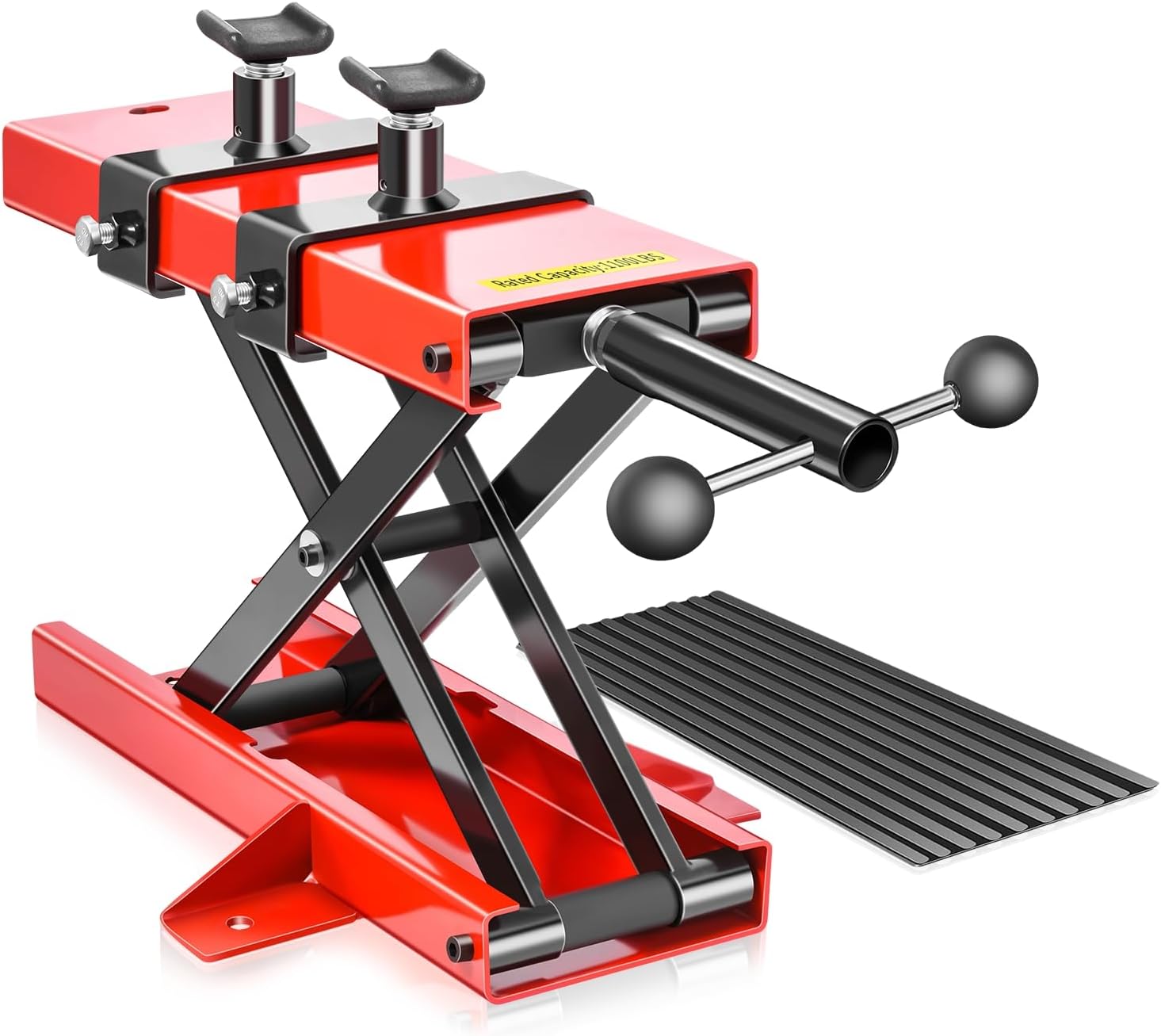 Auto Dynasty Motorcycle Lift Jack, 1100LBS Capacity 2-in-1 Steel ATV Scissor Lift Jack Stand Hoist with Saddle and Rubber Pad for Motorcycles, Bicycles, ATVs, UTVs, Dirt Bikes