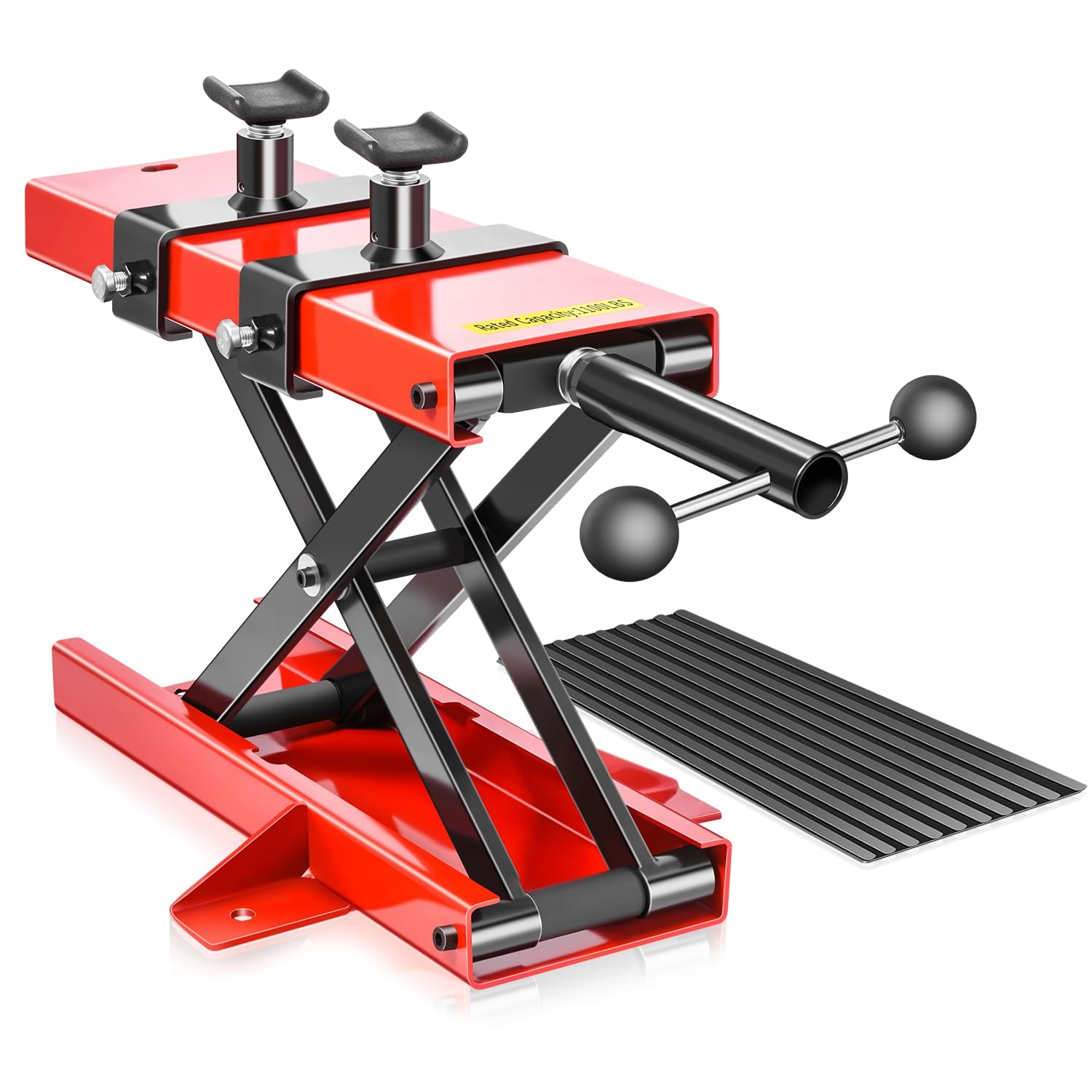 Auto Dynasty Motorcycle Lift Jack, 1100LBS Capacity 2-in-1 Steel ATV Scissor Lift Jack Stand Hoist with Saddle and Rubber Pad for Motorcycles, Bicycles, ATVs, UTVs, Dirt Bikes