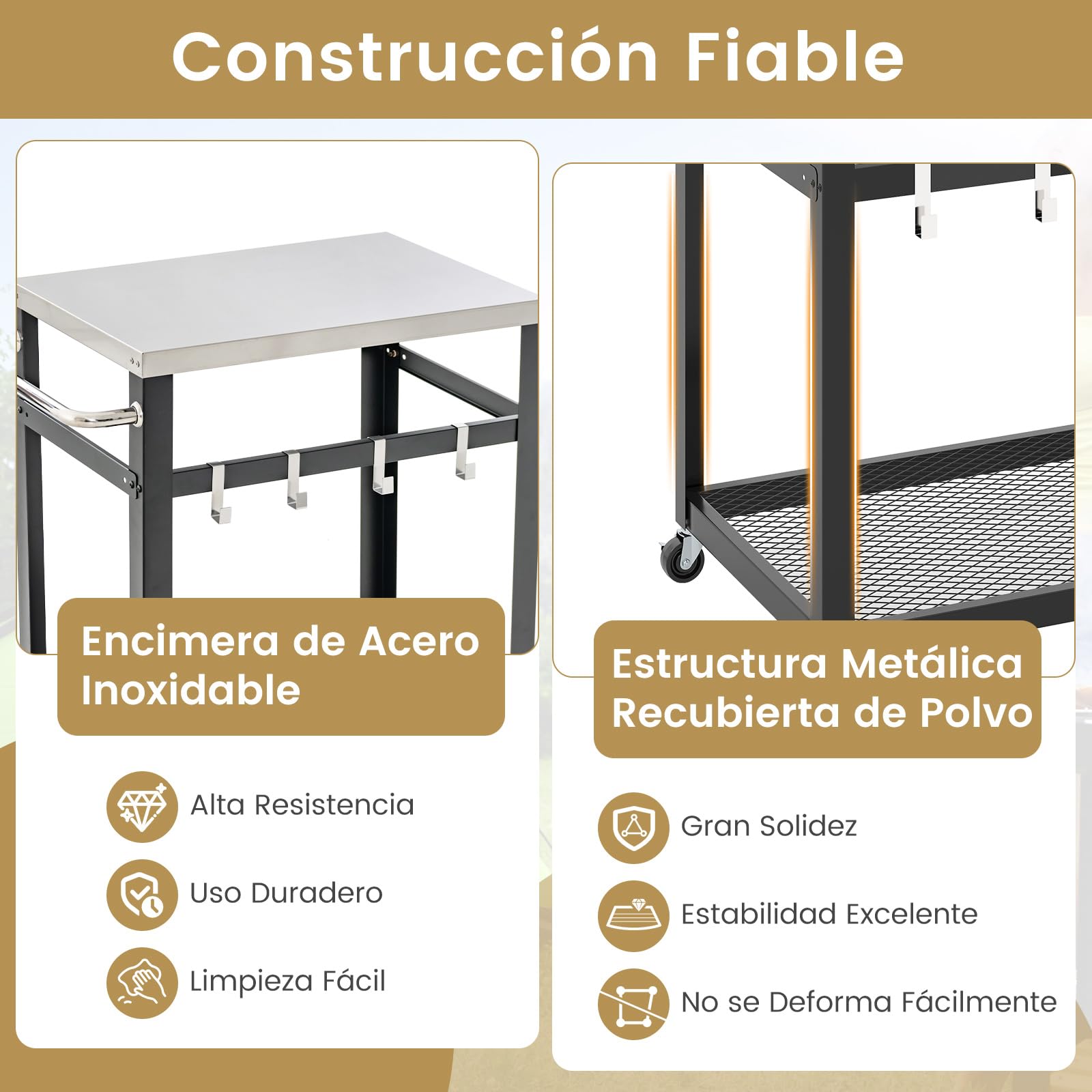 GOPLUS Postre de jardín con Plancha de 2 Niveles de Metal con encimera de Acero Inoxidable, estantería, 4 Ganchos, Ruedas y Mango, para jardín, Patio (83,5 x 50,5 x 84,5 cm, Plateado)