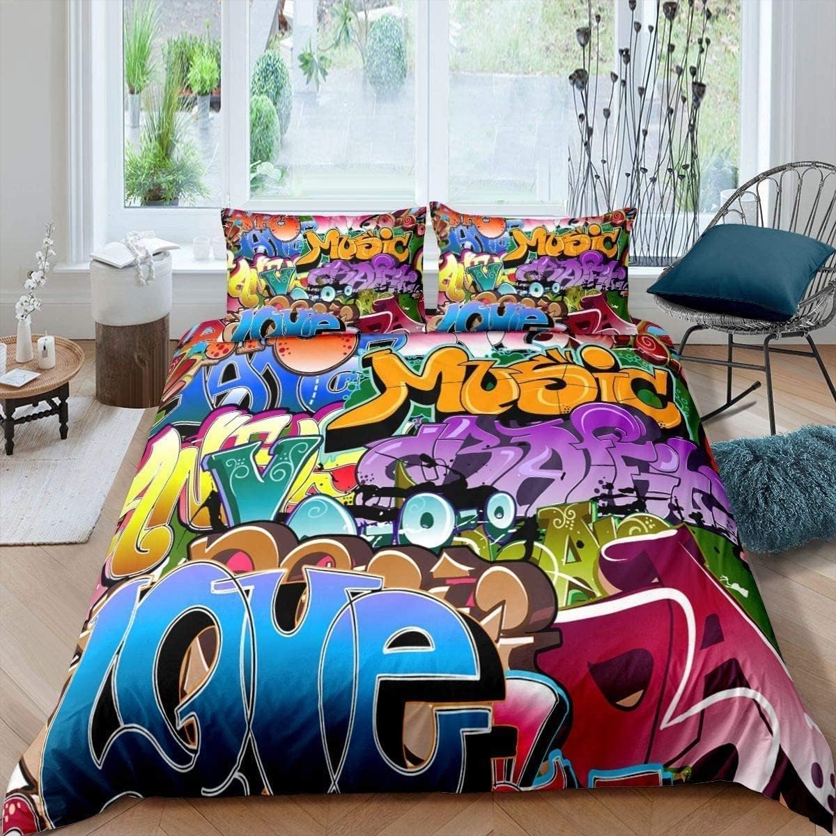 Graffiti Style Bedding Set Kids Hip Hop Theme Comforter Cover for Boys Teens Youth Illustration, Decorative Young Man Duvet Cover Street Culture 3 Pcs Double Bedspread Cover with Zipper