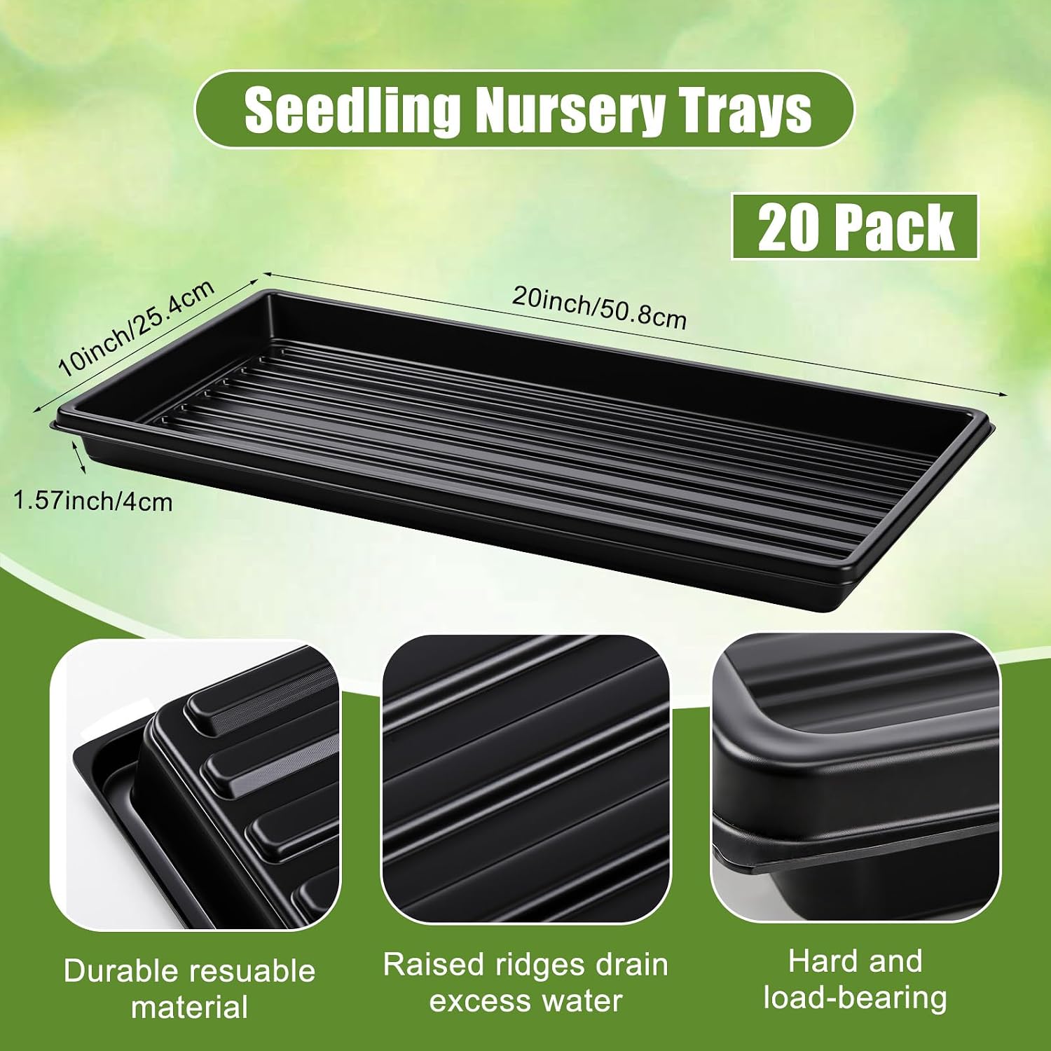 Vesici 20 Pack 1020 Seed Starting Tray Heavy Duty Plant Growing Flat Seedling for 72/128 Cell Plug Plant Nursery Tray No Hole Germination Transplant for Microgreens Gardening Greenhouse (L) 20 Large