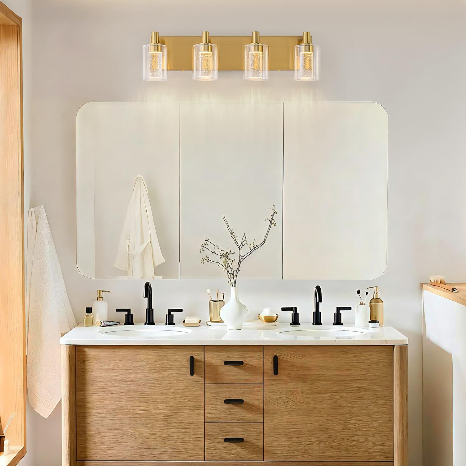 SineRise Vanity Light with 3 Color Modes (3000K/4000K/6000K), Eye Protection LED Bathroom Light Fixture, Dimmable Modern Wall Light Over Mirror with Clear Glass Shade (Gold, 4-Light)