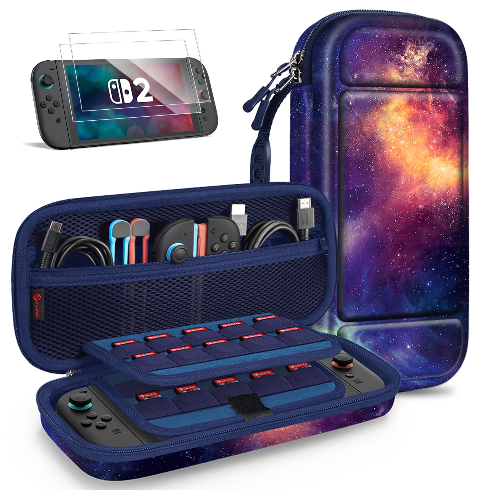 FINTIE Tasche mit großem Fassungsvermögen für Nintendo Switch 2 (2025) - 2-in-1 Zubehörset mit 2 schutzglas, 1 tragbaren Hartschalen-Reiseetui Aufbewahrung, (Die Galaxie)