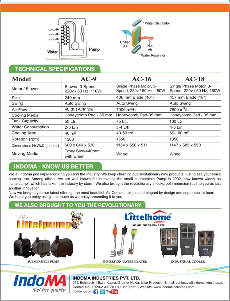 Indoma |180W Air Cooler AC-20 For Room | High Density Honeycomb