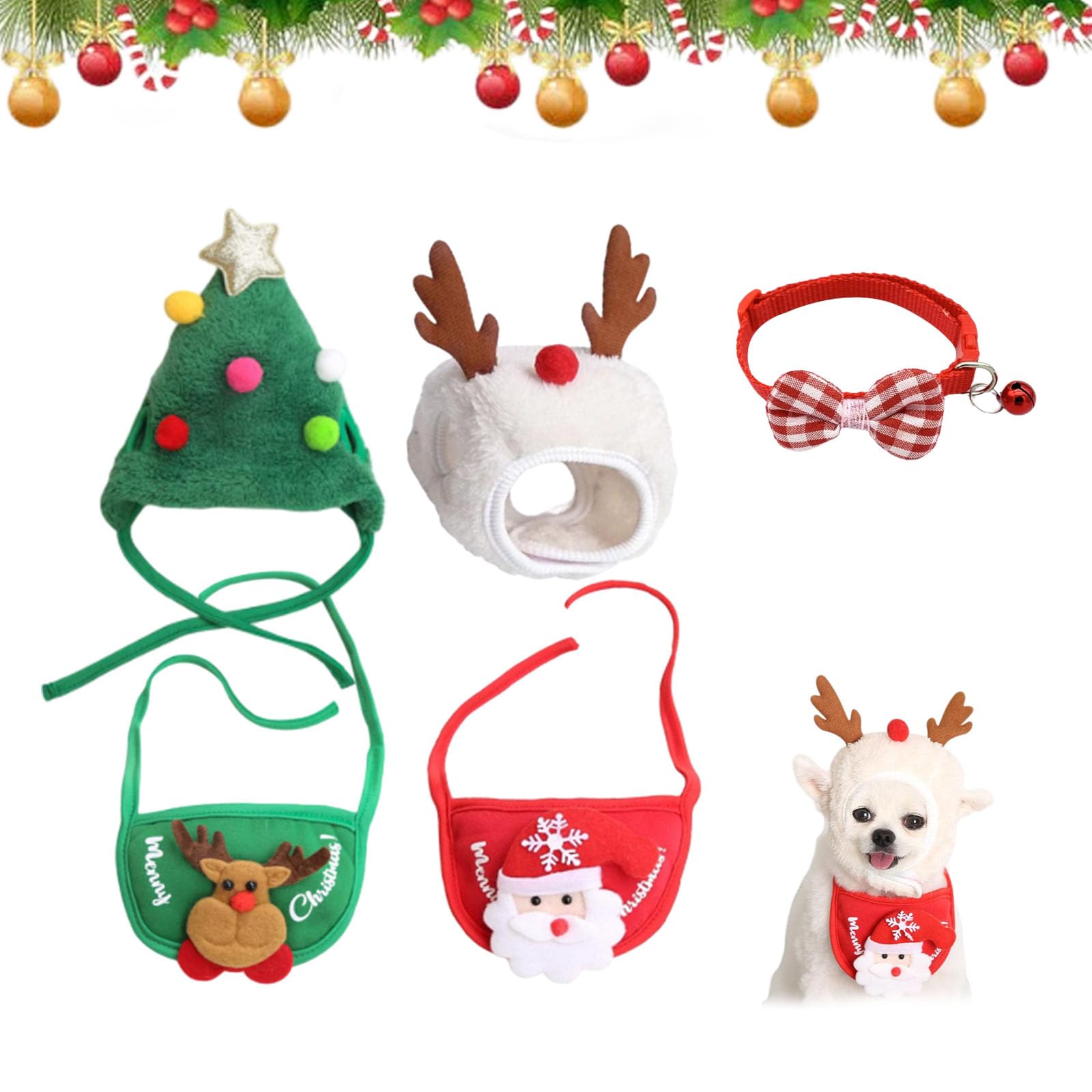 Adorable Christmas Tree Pom-Pom Hat, Funny Soft Pet Hat for Dogs Party Plush Headgear, Pet Christmas Hat, for Pets Dog Cat Xmas Costume Set (A*2, L)