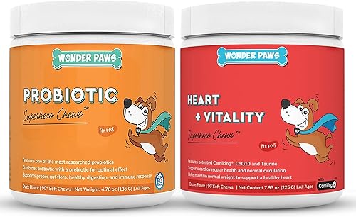 WONDER PAWS Probiotic Superhero Chews Plus Heart + Vitality Chews - Para la salud intestinal del perro, la digestión, el apoyo inmunológico, la