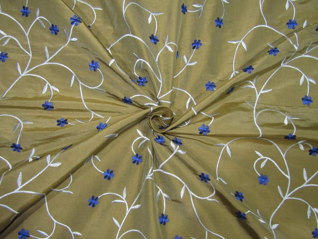Soie Dupion Kaki Broderie Bleue 137 cm | Tissu d'ameublement haut de gamme