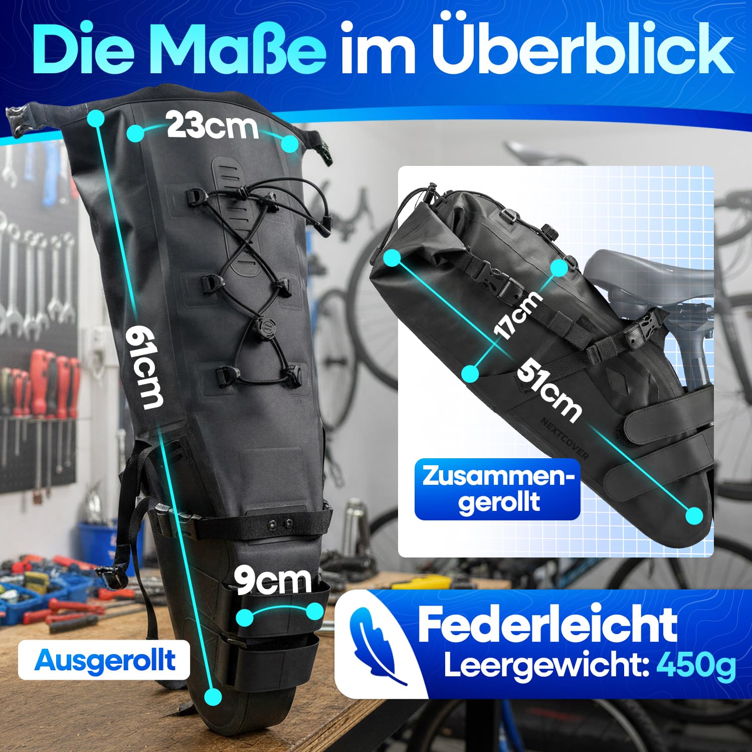 Nextcover® Bikepacking Satteltasche [12 Liter] I Fahrradtasche Sattel I 100% Wasserdicht Dank AquaShield-TPU I Satteltasche für Fahrrad, Bikepacking Taschen für Gravelbike, Rennrad, MTB