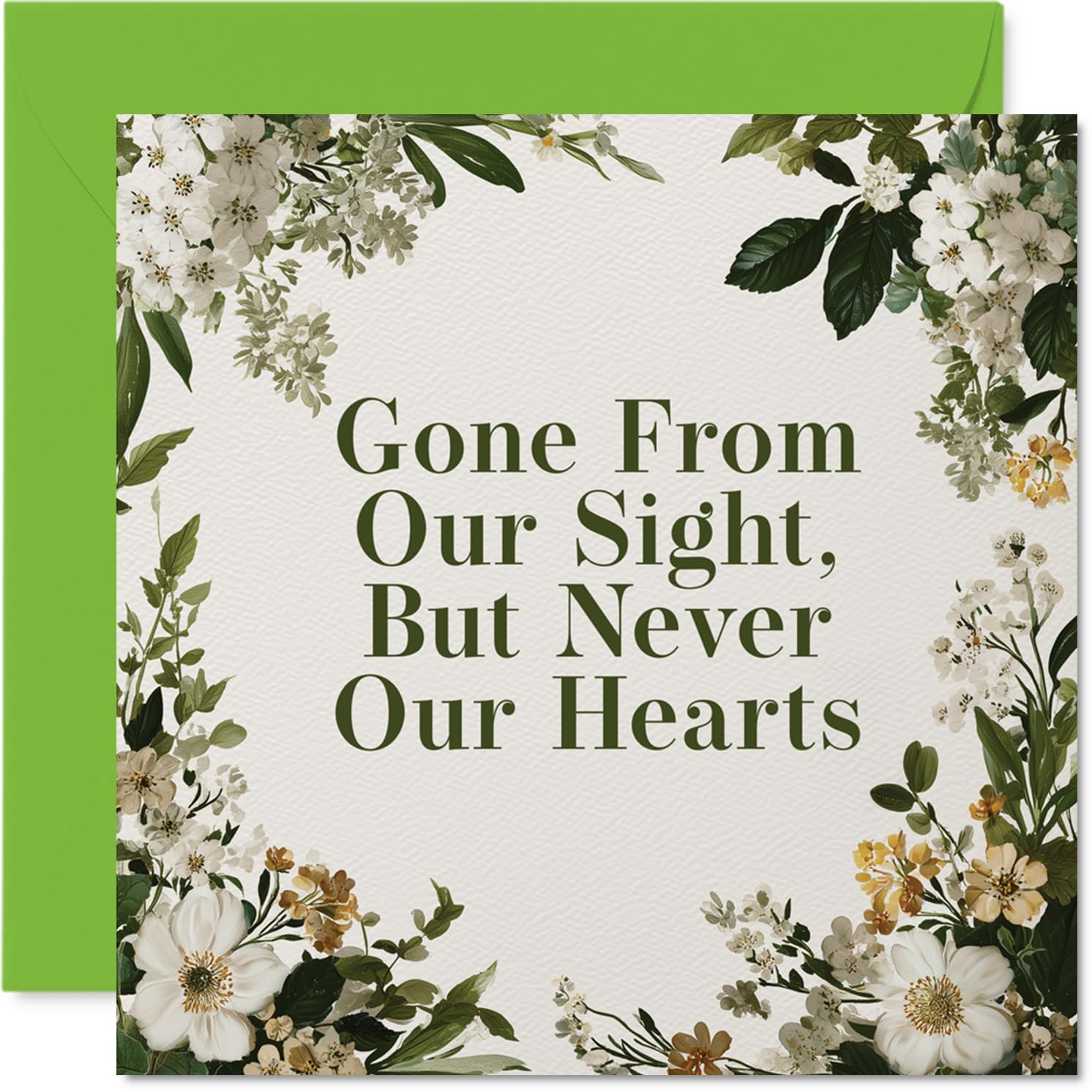 Comforting Sympathy Card - Gentle Comfort in Difficult Times - Elegant Green and White Floral Motif with Heartfelt Message - 145mm Square, Envelope Included