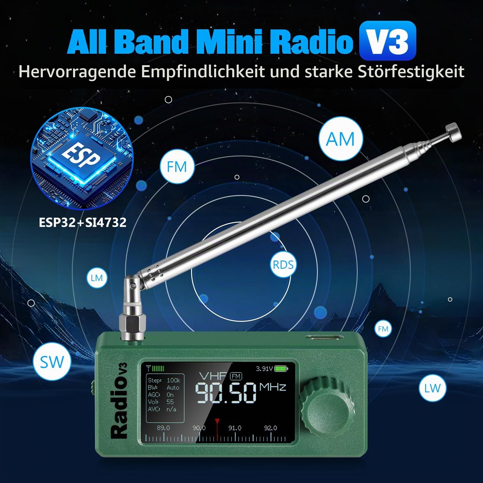 AURSINC SI4732 ATS Mini Radio V3 Taschenkurzwelleempfänger, Vollband HF SW MW VHF, tragbares AM FM LSB USB Transistorradio, mit 800-mAh-Akku für Outdoor-Abenteuer, Reisen und täglichen Gebrauch