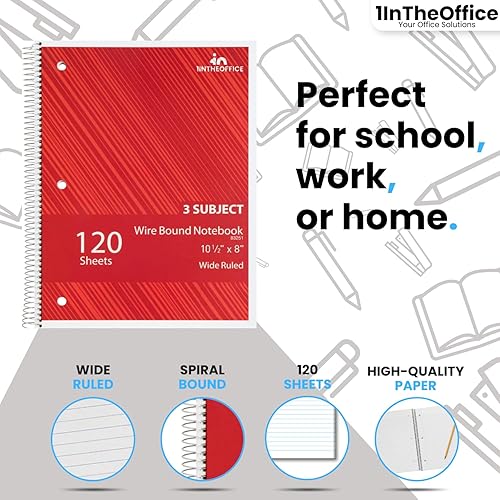 Miniatura 2 de 1InTheOffice Cuaderno de espiral con rayas anchas de 11 x 8, cuadernos de 3 materias con rayas anchas, cuadernos de espiral encuadernados de