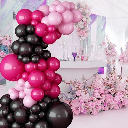 Miniatura 7 de Kit de arco de guirnalda de globos rosa intenso negro, globos de látex de color rosa rojo, negro y rosa para baby shower, boda, cumpleaños,