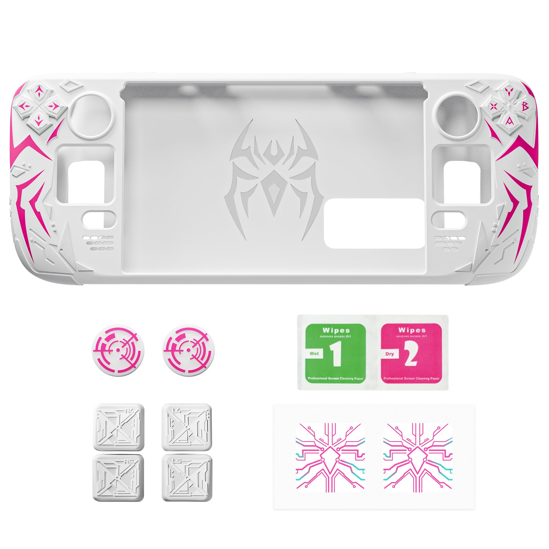playvital Cover Skin per Steam Deck OLED/LCD, Custodia Silicone Grip Antiscivolo&Copri Levette Analogiche&Tasti Posteriori&Adesivi, Accessori per Steam Deck, Cyber Spider-Bianco