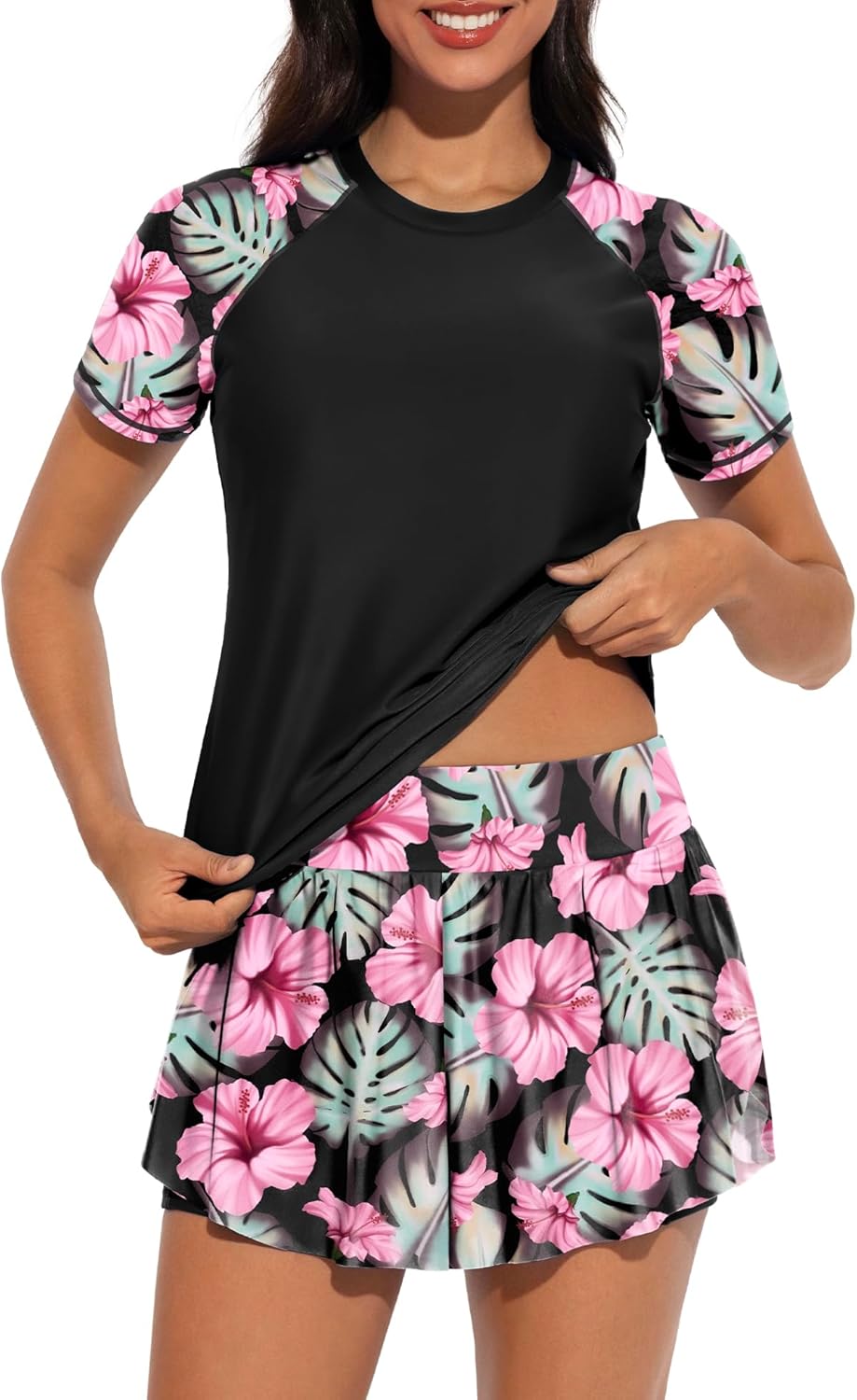 Tournesol Women's 2 Piece Rash Guard Short Sleeve Swim Shirts UPF 50+ Built in Bra Swimsuit with Culottes with Pockets
