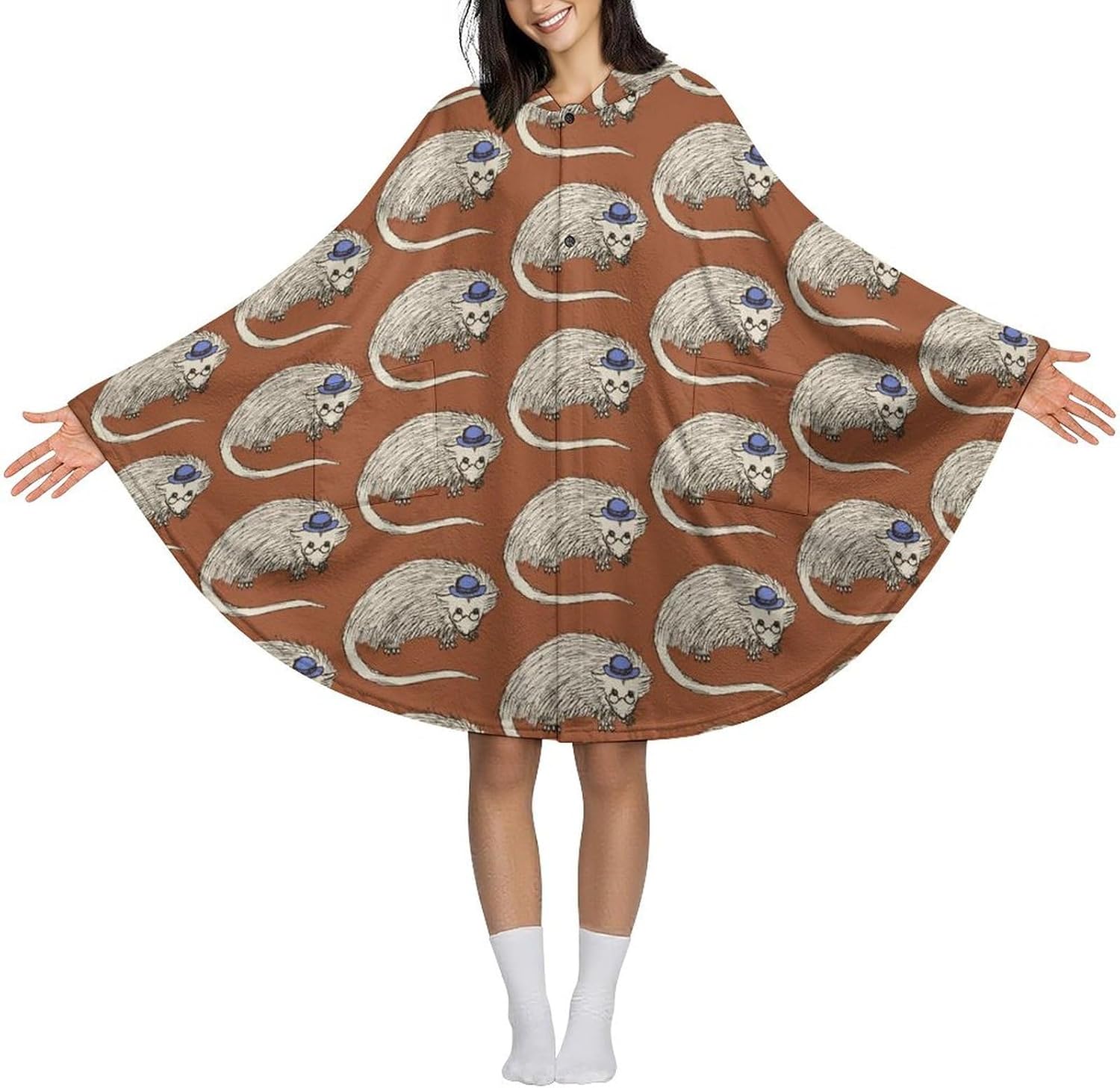 Fancy Opossums Wearable Blanket with Hooded Flannel Blankets Cape with Pocket