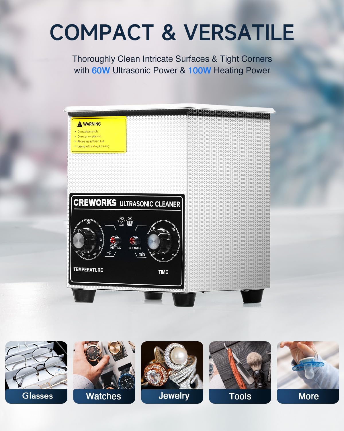 CREWORKS Ultrasonic Cleaner with Heater & Timer, 1/2 Gallon Stainless Steel 60W Ultrasonic Cleaning Machine with Degas & Gentle, 2L Sonic Machine for Professional Jewelry Watch Glasses Cleaning