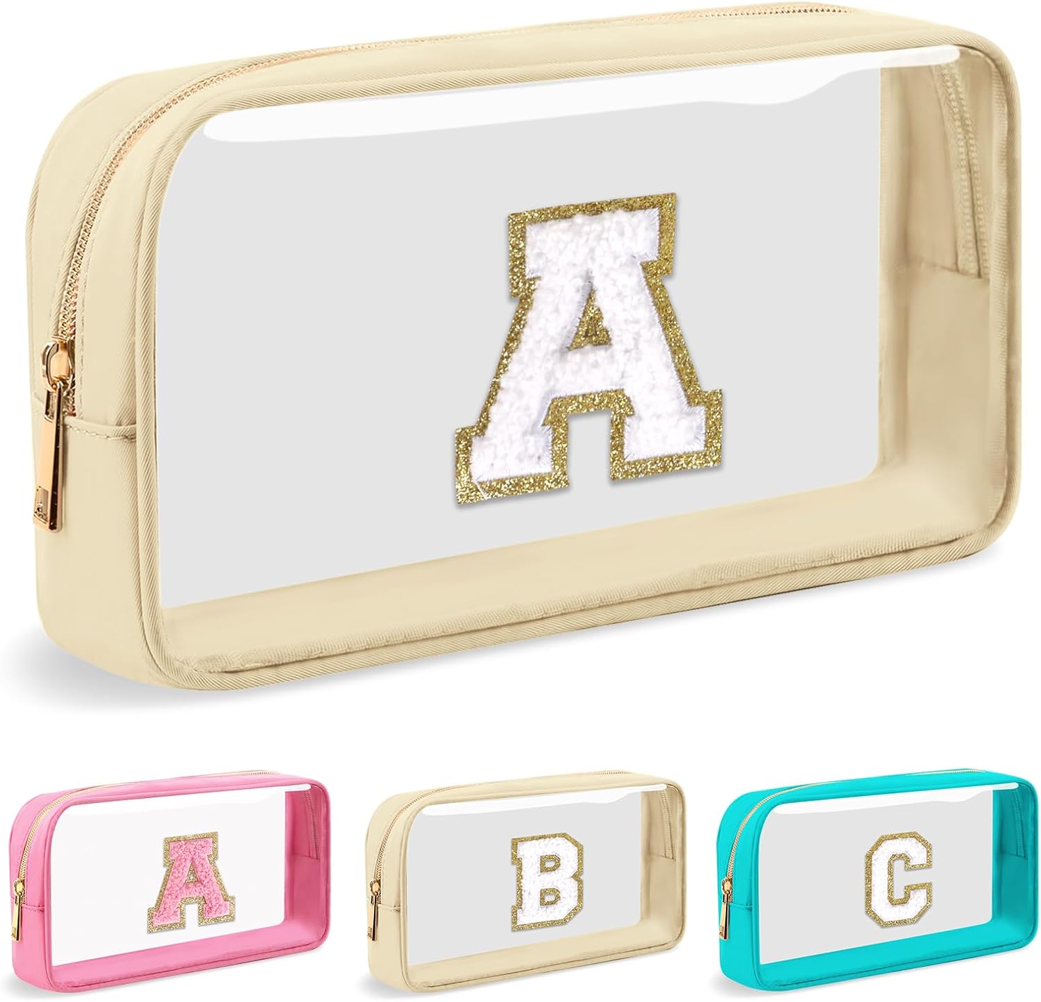 Personalized Initial Letter Clear Makeup Bag,Preppy Small Nylon&PVC Cosmetic Zipper Bag with Chenille Letter,Portable Beach Travel Skincare Toiletry Bag,Trendy Monogram Gift for Teen Girls Women,A