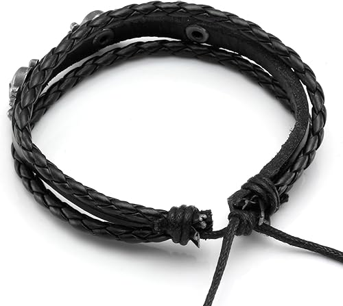 Miniatura 3 de MILAKOO Pulsera de cuero trenzado para hombre, 6 unidades, color negro, Punk Rock Skull