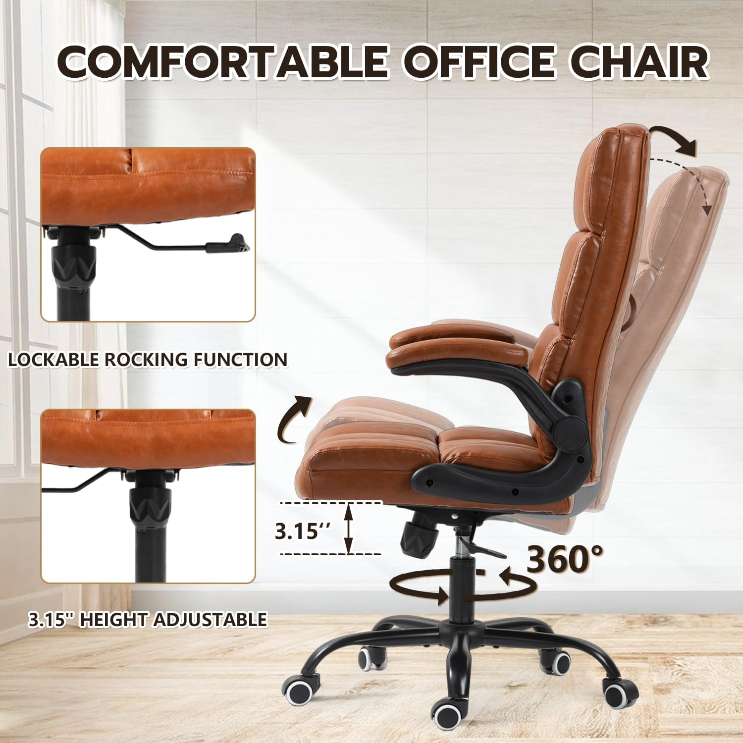 ECOTOUGE Executive Office Chair, PU Leather Ergonomic Comfy Desk Chair, High Back Computer Chair with Adjustable Tilt Angle and Flip-up Arms (Without Footrest Brown)