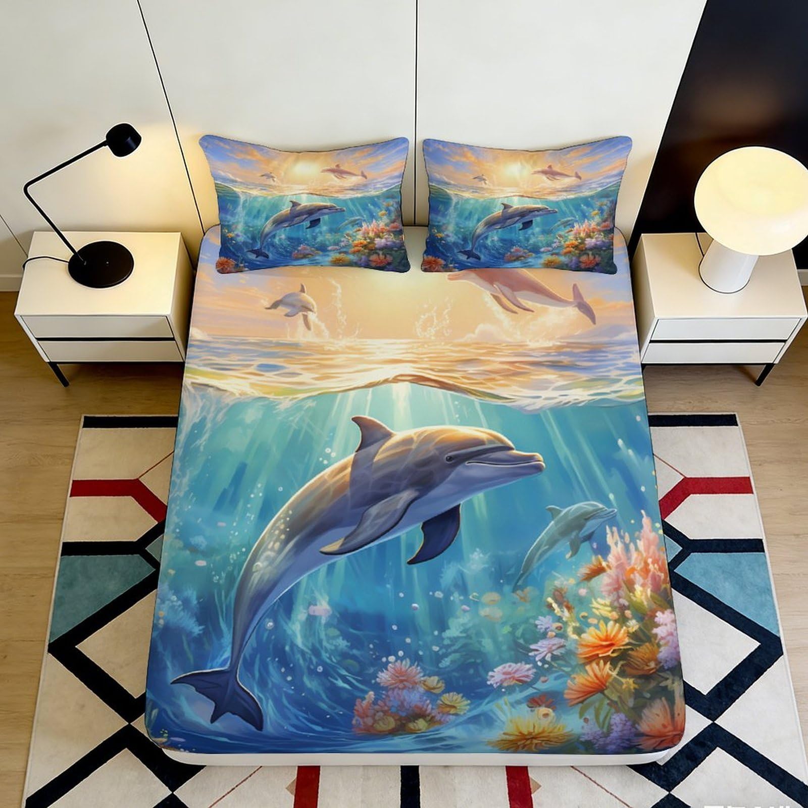 Jqzkxnhpbr Style-9 3D Printed Ocean Dolphin Fitted Sheet Microfiber Soft Blue Sea Coral Mattress Cover For Bedroom Guest Room Decor 90X200x25cm
