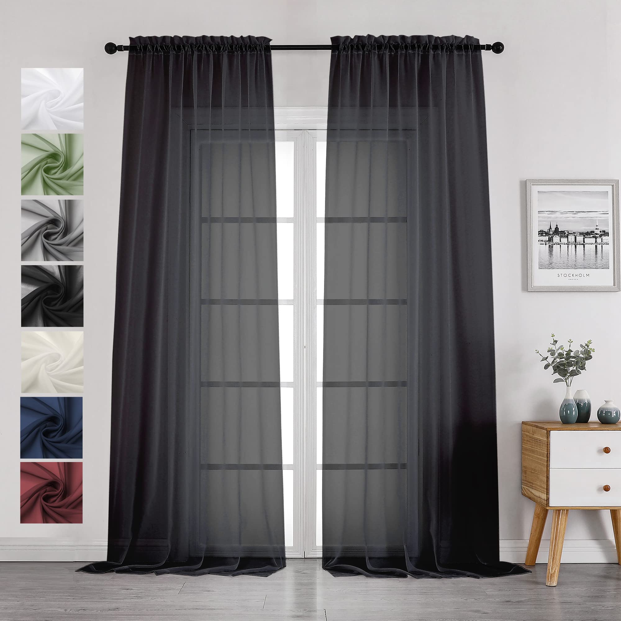 Chyhomenyc 2 Paneele, einfarbig, durchscheinend, 274 cm lang, elegante Fenstervorhänge, Voile-Paneele/Vorhänge/Behandlung/Schal für Schlafzimmer, Wohnzimmer, Baldachin (107x274 cm, schwarz) 2.7 m