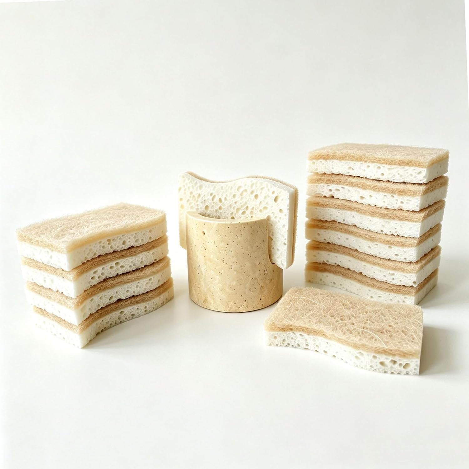 Natural Travertine Sponge Holder w/ 12 Plant-Based Kitchen Sponge Scrubber