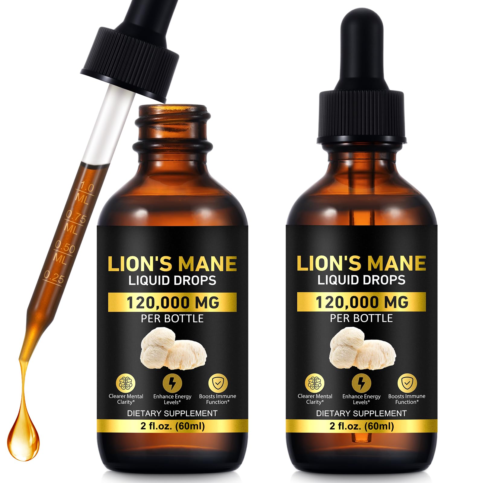 MAYPJHEH Suplemento Fitoterápico de Lion's Mane 120.000 mg, 2 frascos de 60 mL