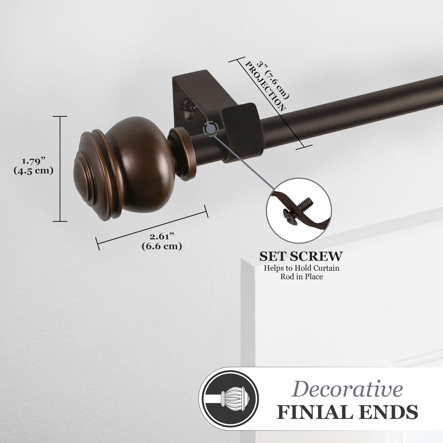 Kenney Glendale Knob Window Curtain Rod, Adjustable 48-86 Inch, Oil Rubbed Bronze