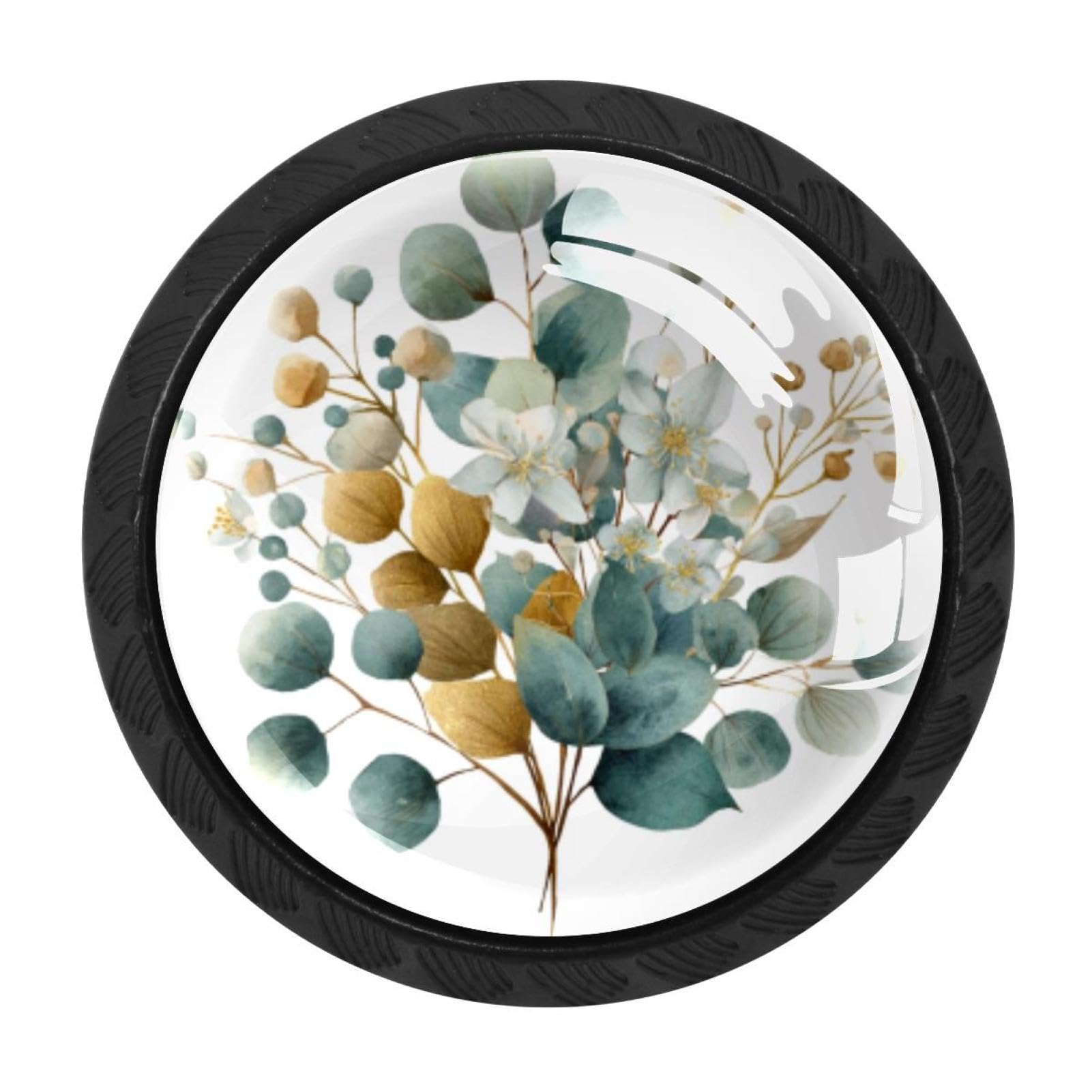 CHENZZZZ 4 Pieces Green and Gold Leaf Branches (11) Drawer Knobs, 35mm Black Kitchen Cabinet Knobs, Drawer Pulls and Knobs, Glass Cabinet Hardware Single Hole Knob for Cabinets and Drawers Round