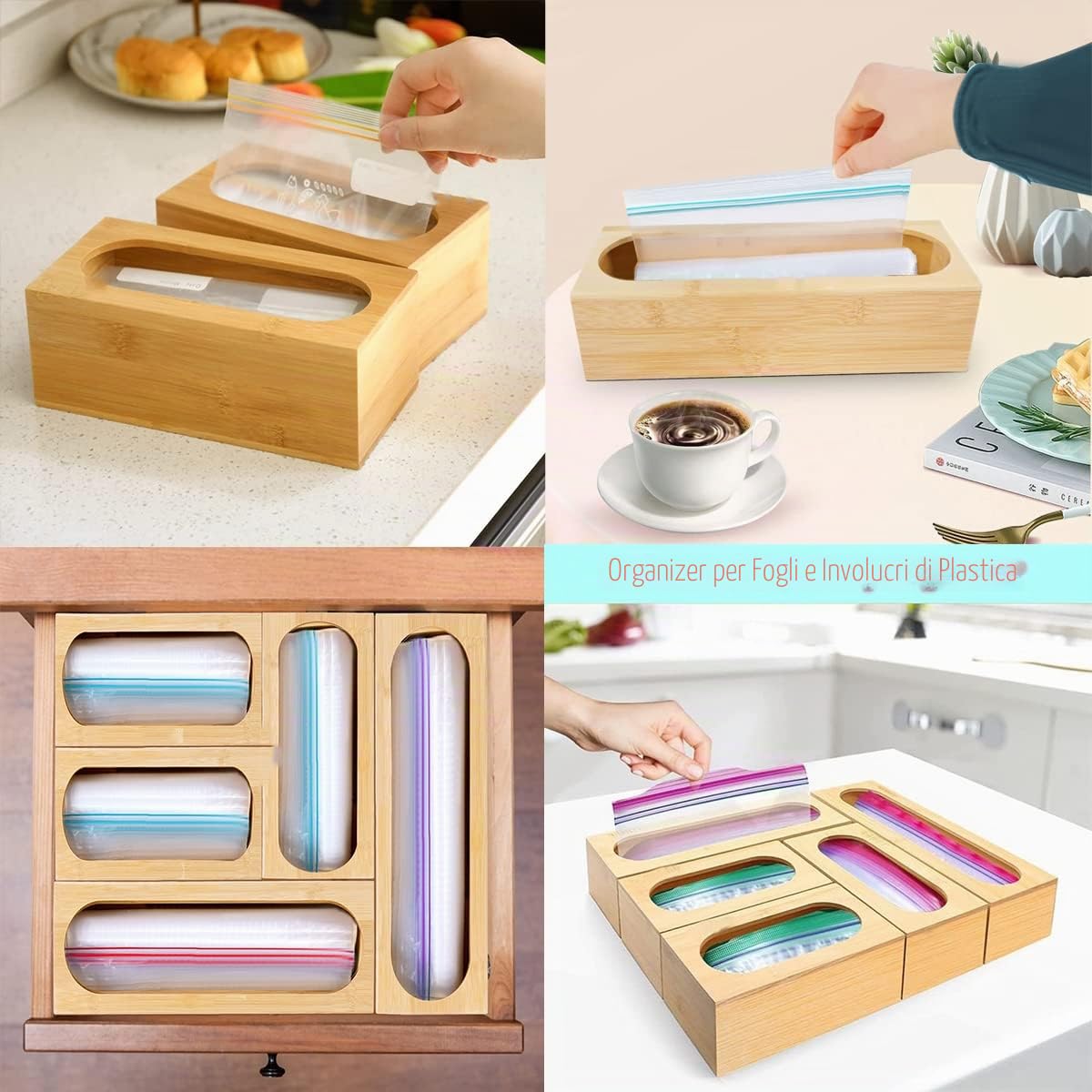 5 confezioni di organizer per sacchetti di bambù per la conservazione degli alimenti, organizer per sacchetti portaoggetti per la cucina, contenitori per cassetti compatibili con sacchetti da gallone