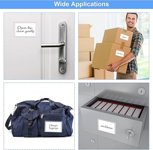 Miniatura 6 de Outus 100 bolsillos autoadhesivos para tarjetas de índice con tarjetas en blanco, 4 x 2.5 bolsillos adhesivos transparentes, soportes para