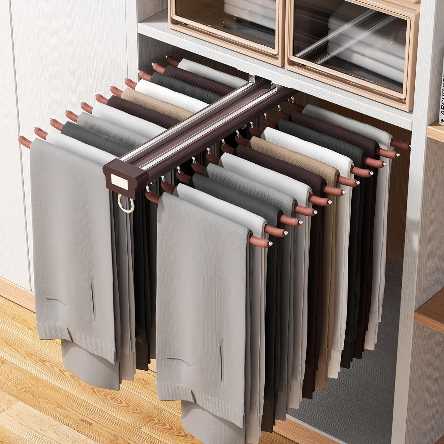 Pull-Out Pants Rack Organizer for Wardrobe – 20 Rod Sliding Trouser Hanger, Heavy-Duty Closet Organizer, Space Saving Pants & Jeans Holder (Framing Red Lip, 600×435×110 mm)-image-3