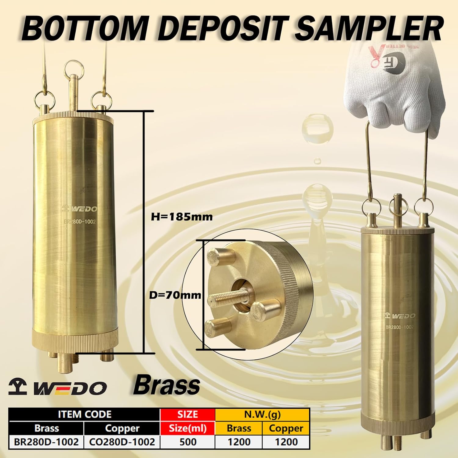 WEDO 500ml Oil Bottom Sampler, Oil Thief Sampler, Brass Liquid Bottom Sampler, Core Sampler, Bottom Valve Sampler, Used for collecting liquid petroleum products