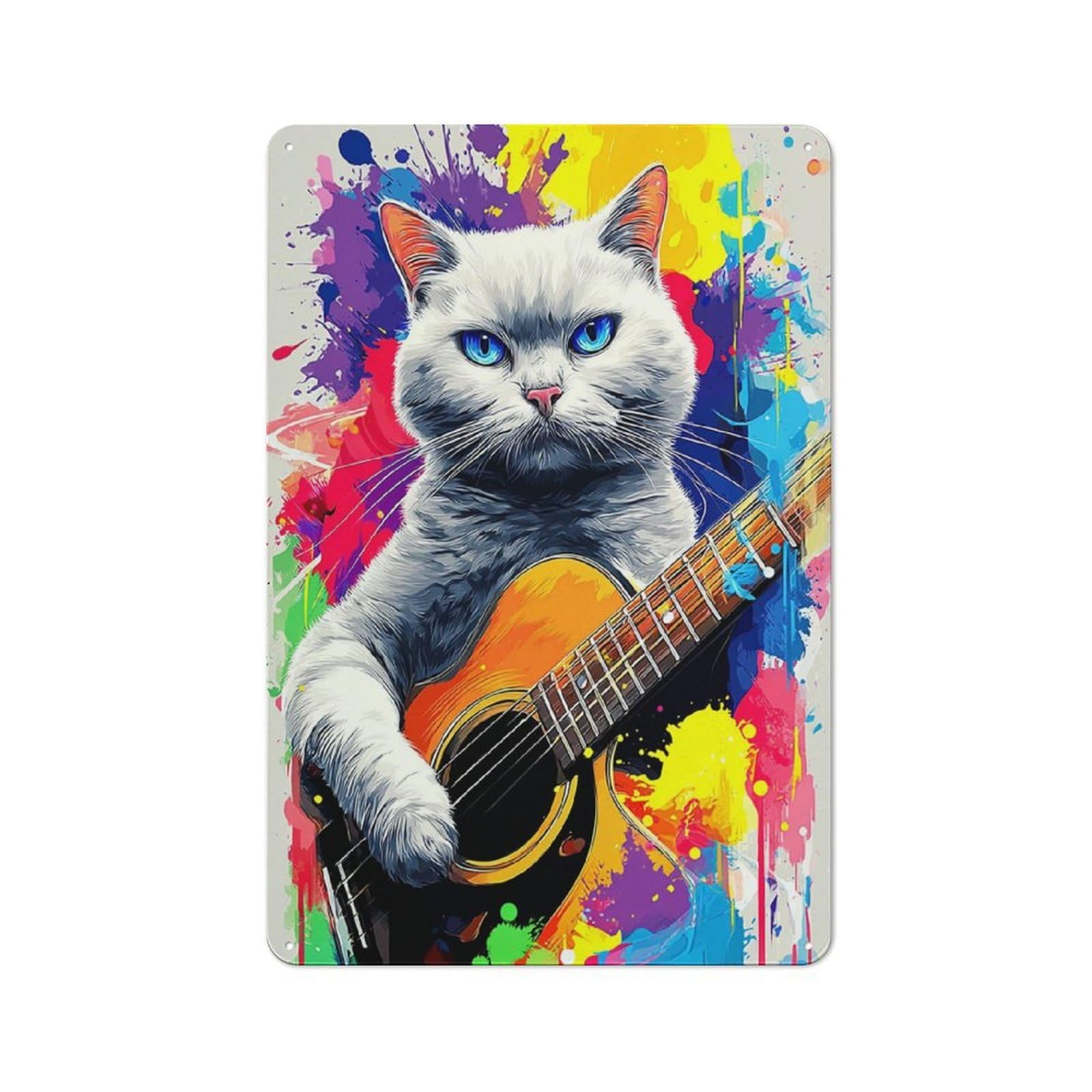 Junmoney Colorful Cat With Guitar -3 Retro Metal Wall Sign 30X20cm For Hobby Room Or Studio, For Garage, Workshop And Man Cave Decoration