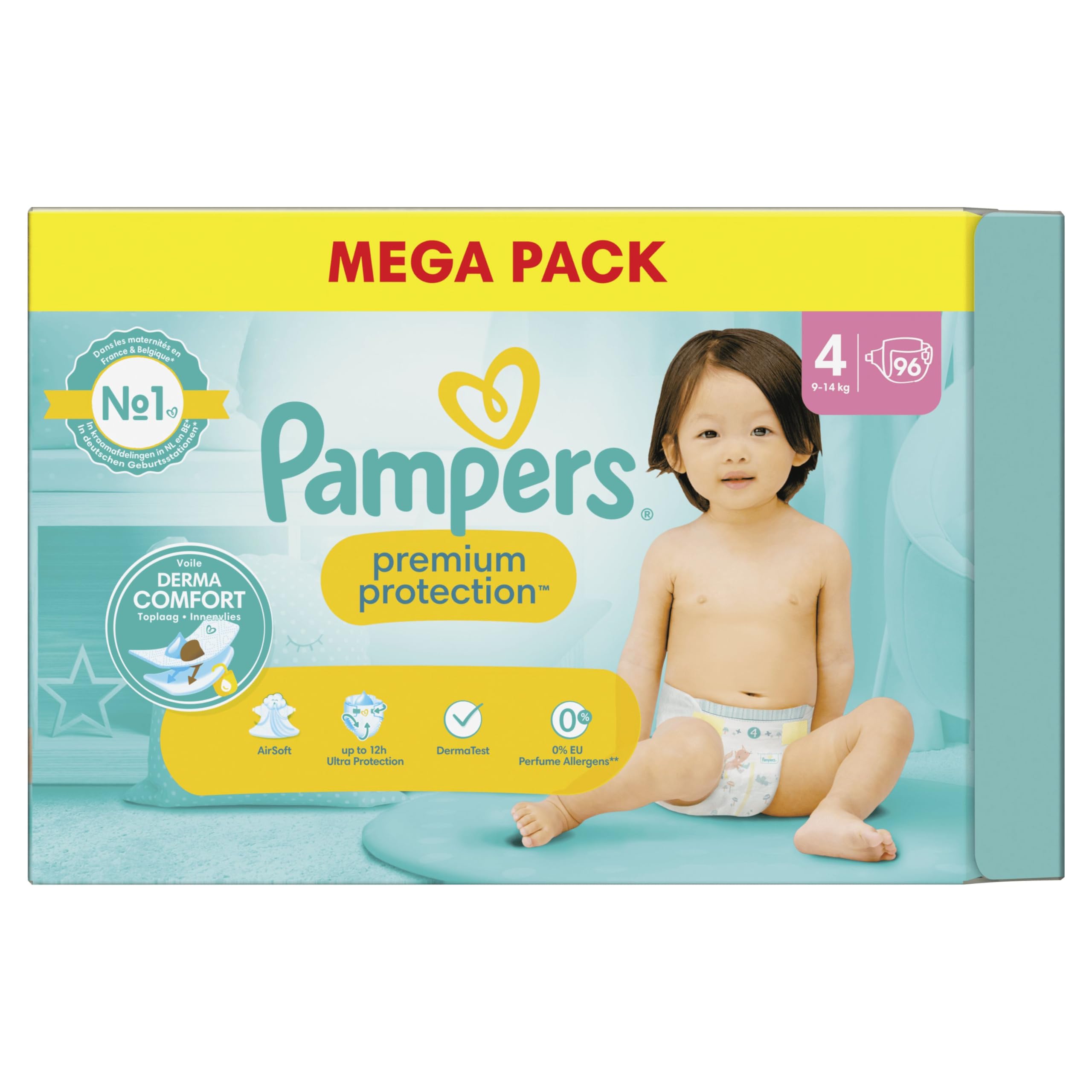 Pampers Premium Protection Taille 4, Couches x96, 9Kg - 14Kg, Notre N°1 pour le Confort et la Protection des Peaux Sensibles
