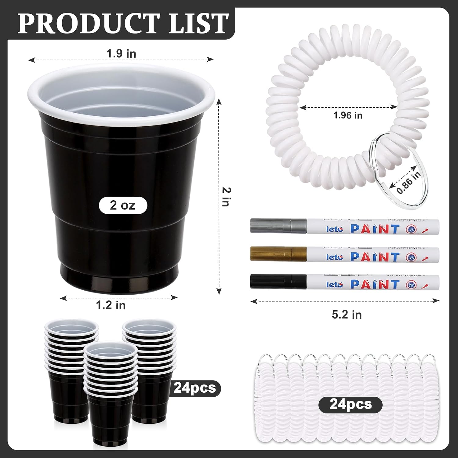 24 Pack 2oz Black Shot Cups With Wristband Graduation Shot Cups