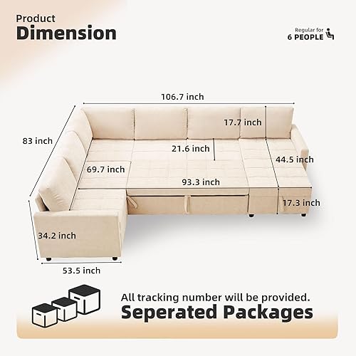 Miniatura 2 de Sofá cama modular de 107 pulgadas con cama extraíble, sofá modular en forma de U con almacenamiento, sofás de asiento extra anchos y profundos para