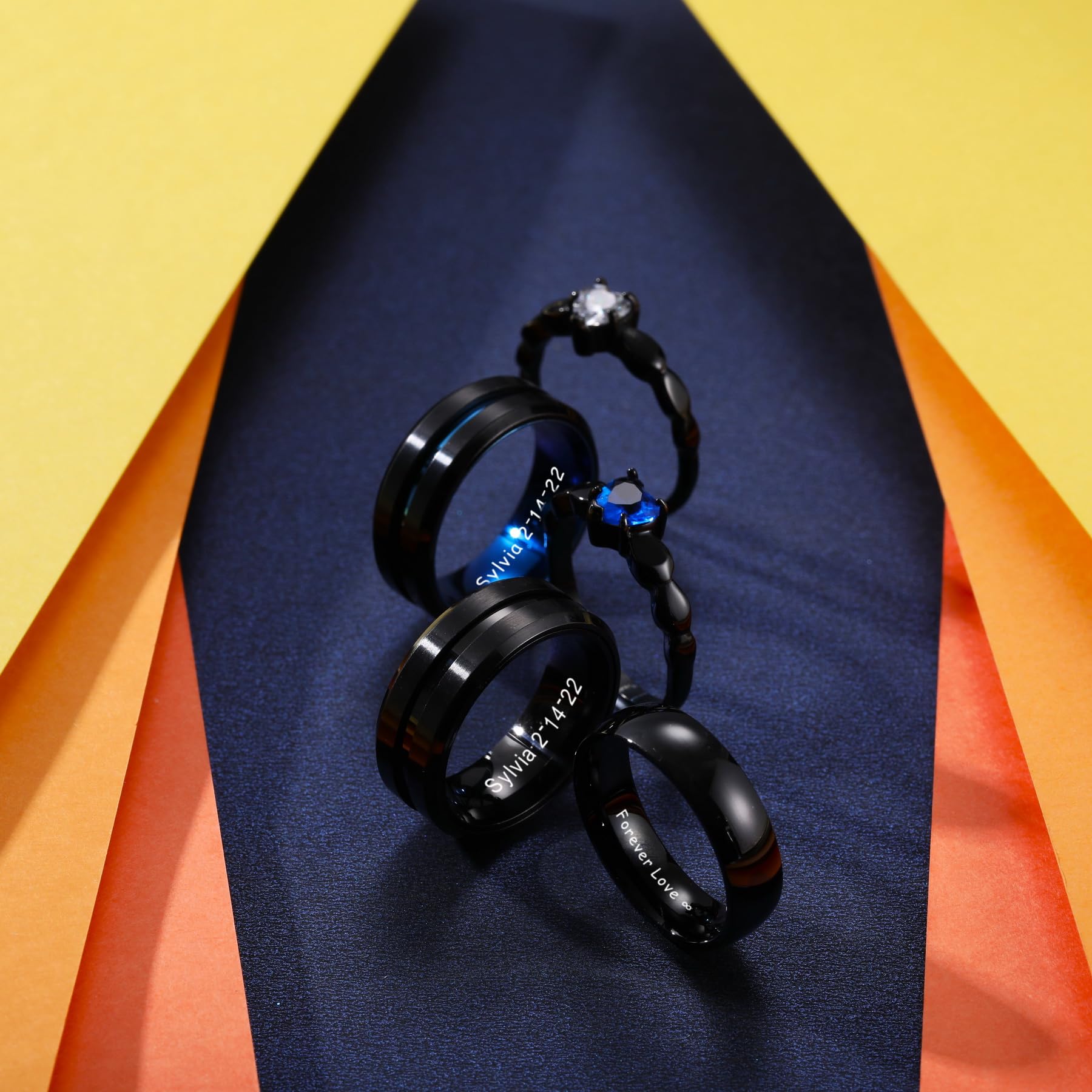 MeMeDIY Ensemble de Bagues de Couples en Acier Inoxydable Personnalisés, Noms Gravés Prometteurs de Promesses avec du Cœur, un Sac Cadeau Inclus